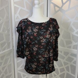 Free People Women's Sz Sm Black Combo Floral Print Dock Street Knit Blouse $68